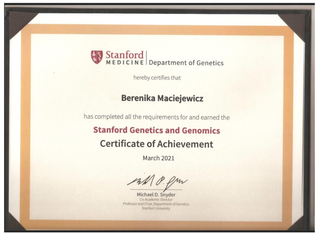 Berenika Maciejewicz Dr Stanford University Genetics and Genomics Medicine Certificate of Achievement