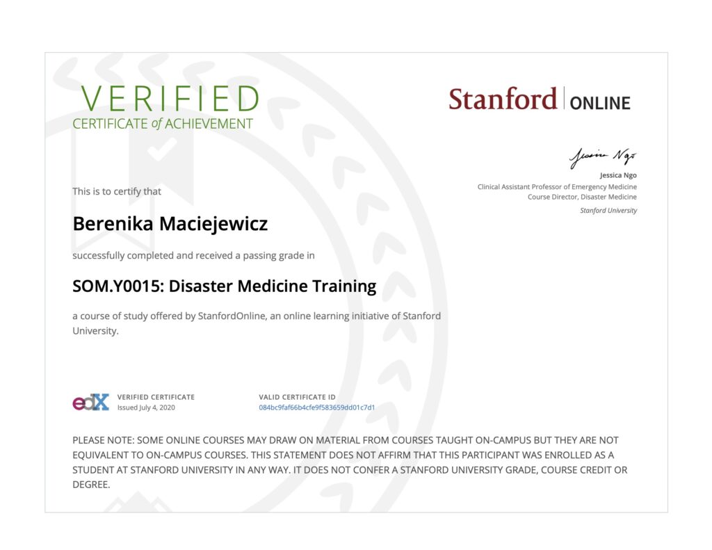 Dr3 Berenika Maciejewicz Stanford University Disaster Medicine Training